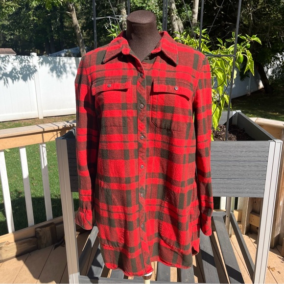 LL Bean Women's Signature Chamois Tunic Red & Brown Plaid Size M 100% Cotton - Picture 1 of 7